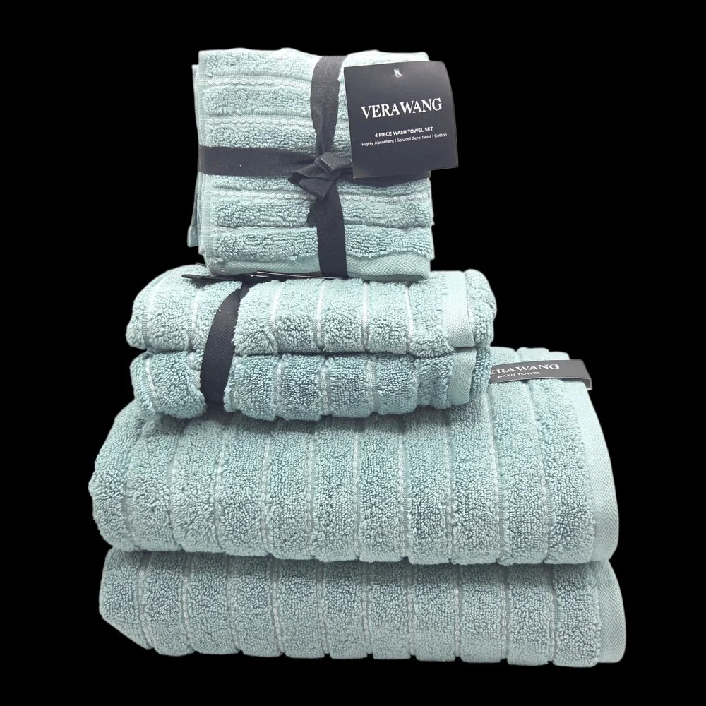 Vera Wang 8pc Zero‎ Twist Cotton Bath Towel Set Geo Stitch Aqua Blue B Twlos